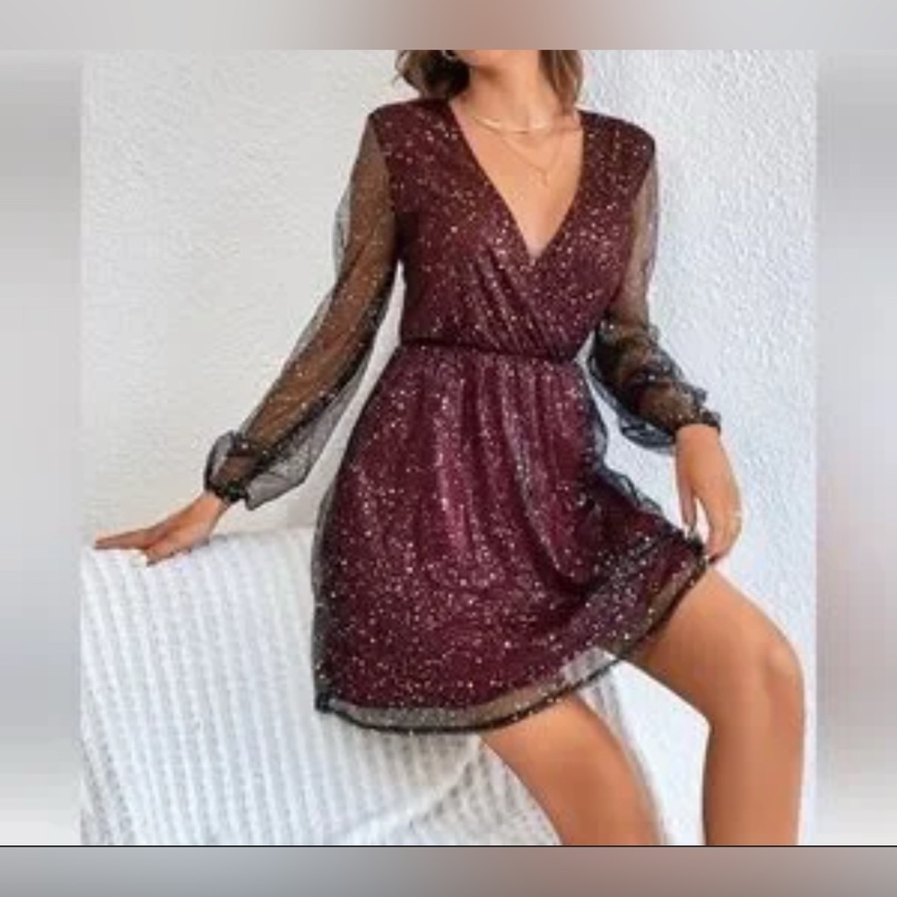 SHEIN Wine Glitter V-Neck Dress